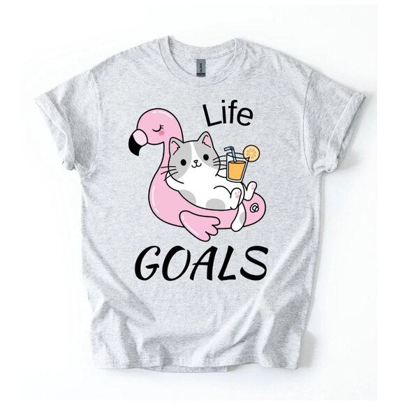 Kawaii Cat Riding Flamingo Inflatable Pool Float Life Goals Funny Women T-Shirt - Picture 1 of 3